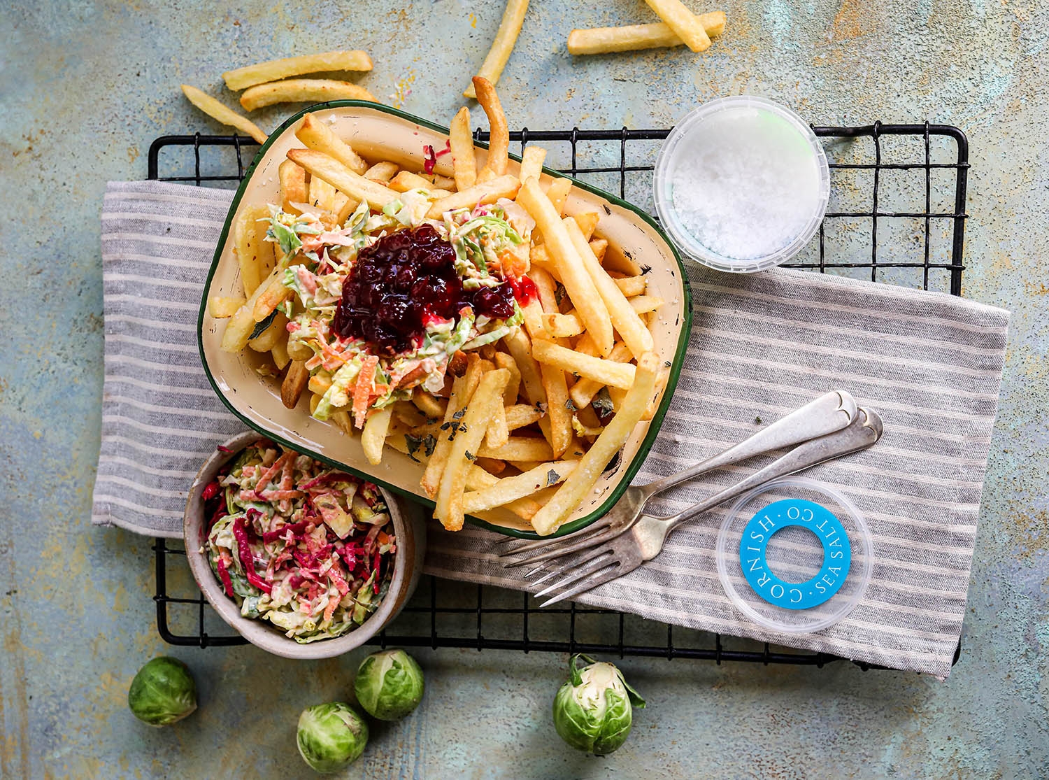Skinny Fries with Sprout Slaw and Sea Salt