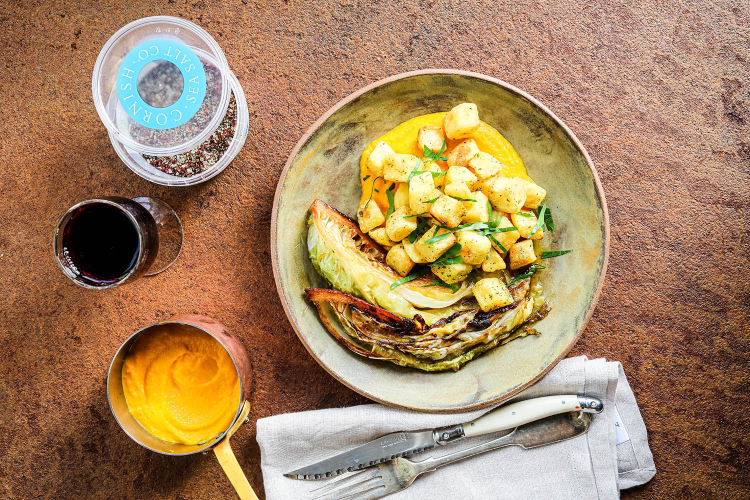 Braised Hispi Cabbage and Roasted Potato with Sea Salt and Peppery 