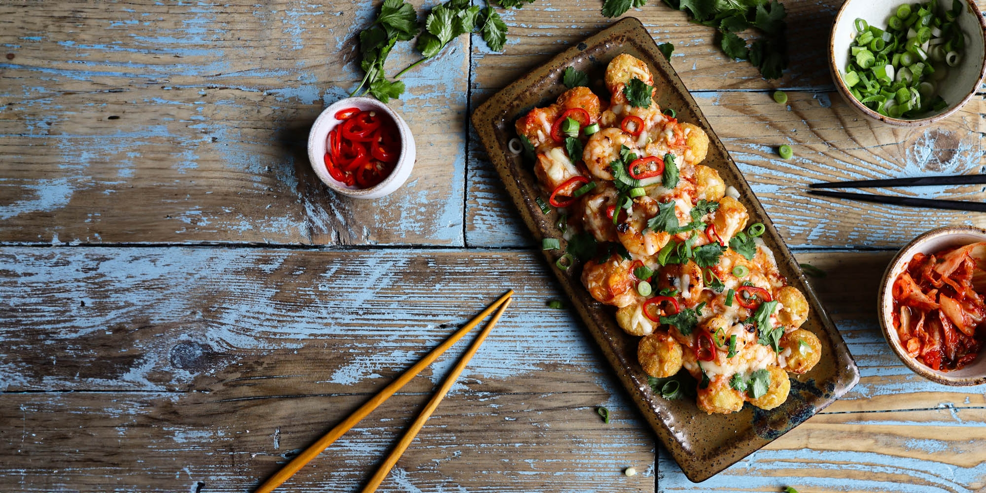 Kimchi Cheese and King Prawn Loaded Tater Tots