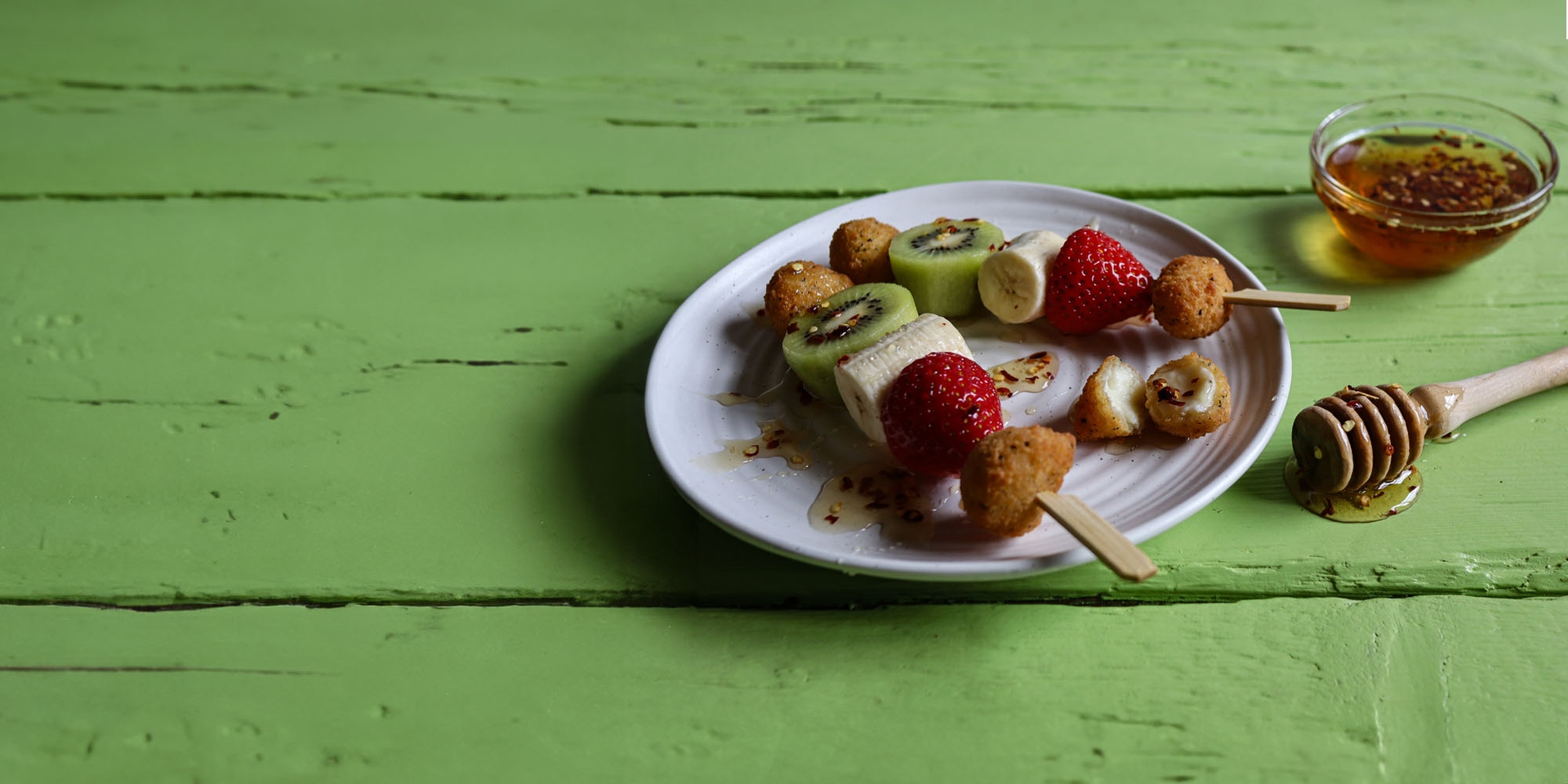 Camembert Bite and Fruit Kebabs with Hot Honey 
