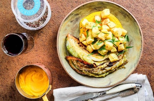 Braised Hispi Cabbage and Roasted Potato with Sea Salt and Peppery