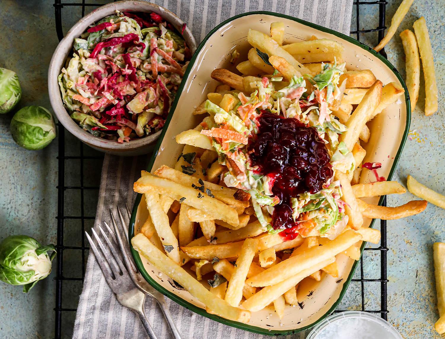 Skinny Fries with Sprout Slaw and Sea Salt