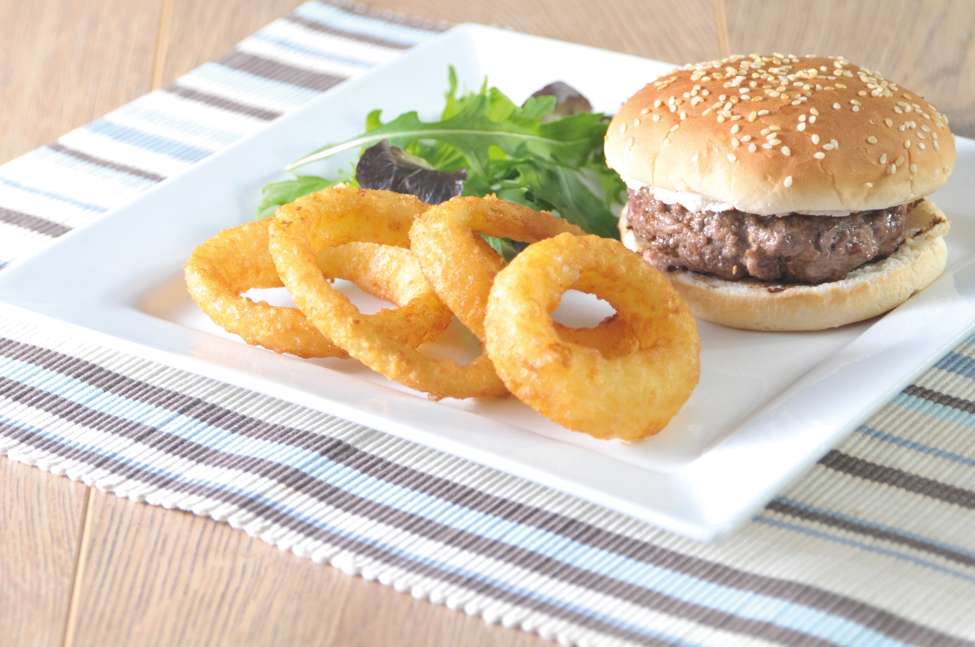 Beer Battered Onion Rings and Burger 