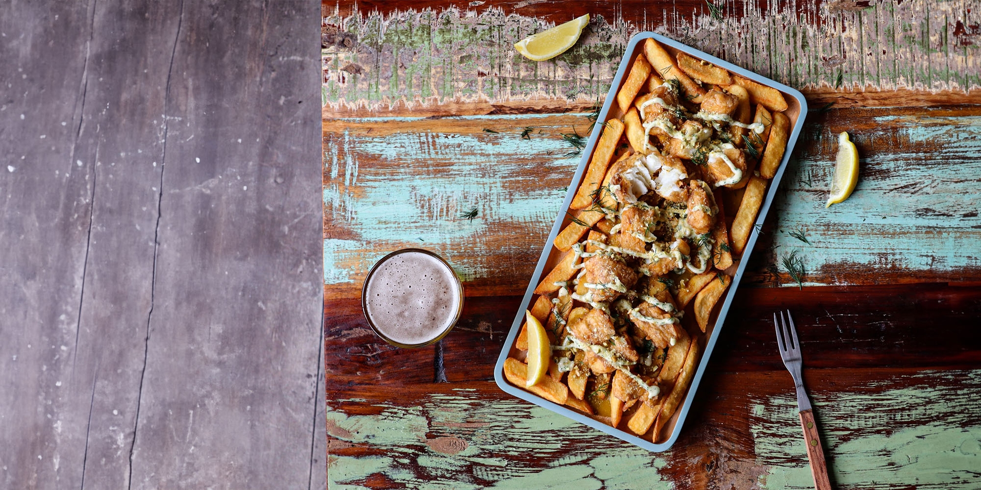 Tempura-battered monkfish chunks with katsu curry sauce, yuzu kosho tartar sauce and crushed wasabi peas on SuperCrunch 18mm Chips.