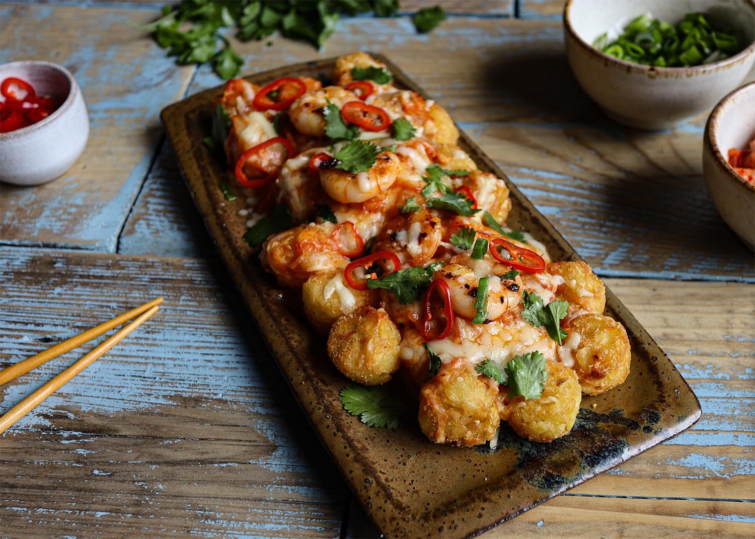 Kimchi Cheese and King Prawn Loaded Tater Tots