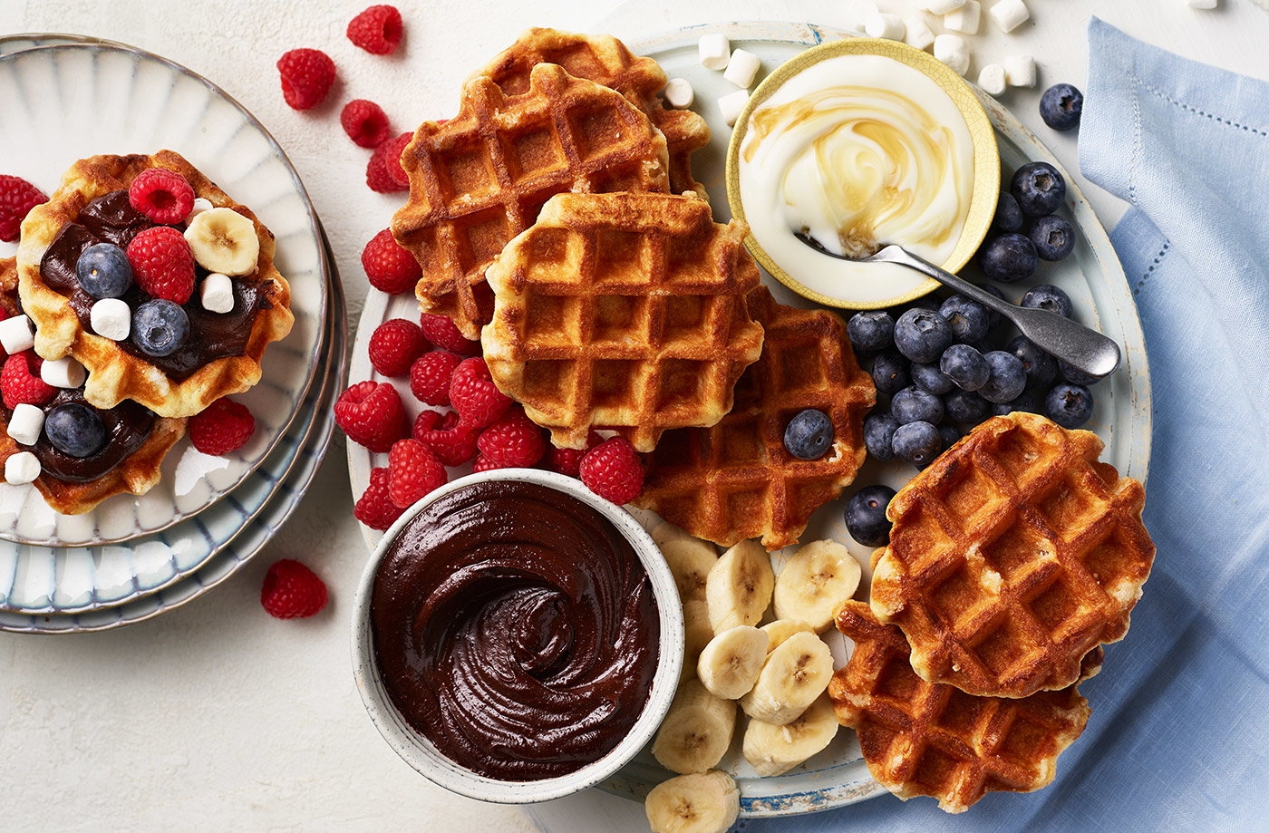 Trendy brunch waffles, berries and fruit